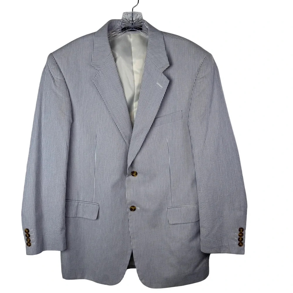 Zagato Seersucker Sport Coat Blazer Blue White Stripe Preppy Ivy 40R Mens